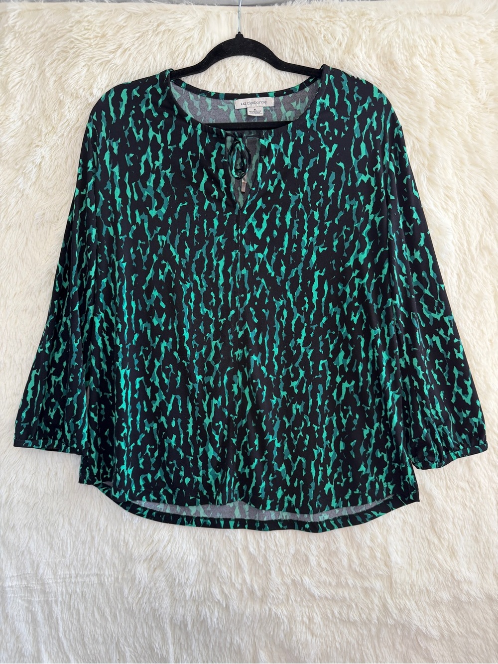Liz Claiborne Womens Abstract Print Top Size XL Black/Green 90s Indie Sleaze